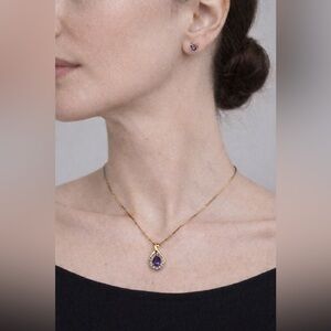 NEW 18K Gold /Silver Amethyst & Diamond Necklace + Stud Earrings Set – 18”
